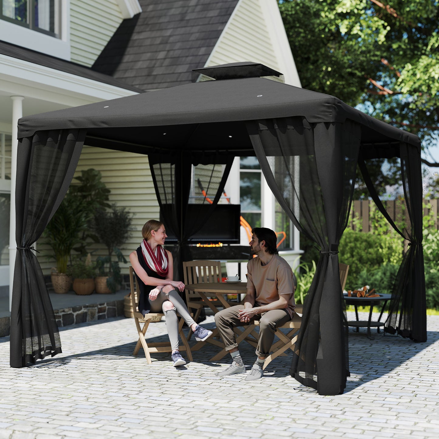 Outsunny 3x3m Metal Gazebo Garden Pavilion With Double Roof Outdoor Canopy Shelter And Mesh Sidewalls Black
