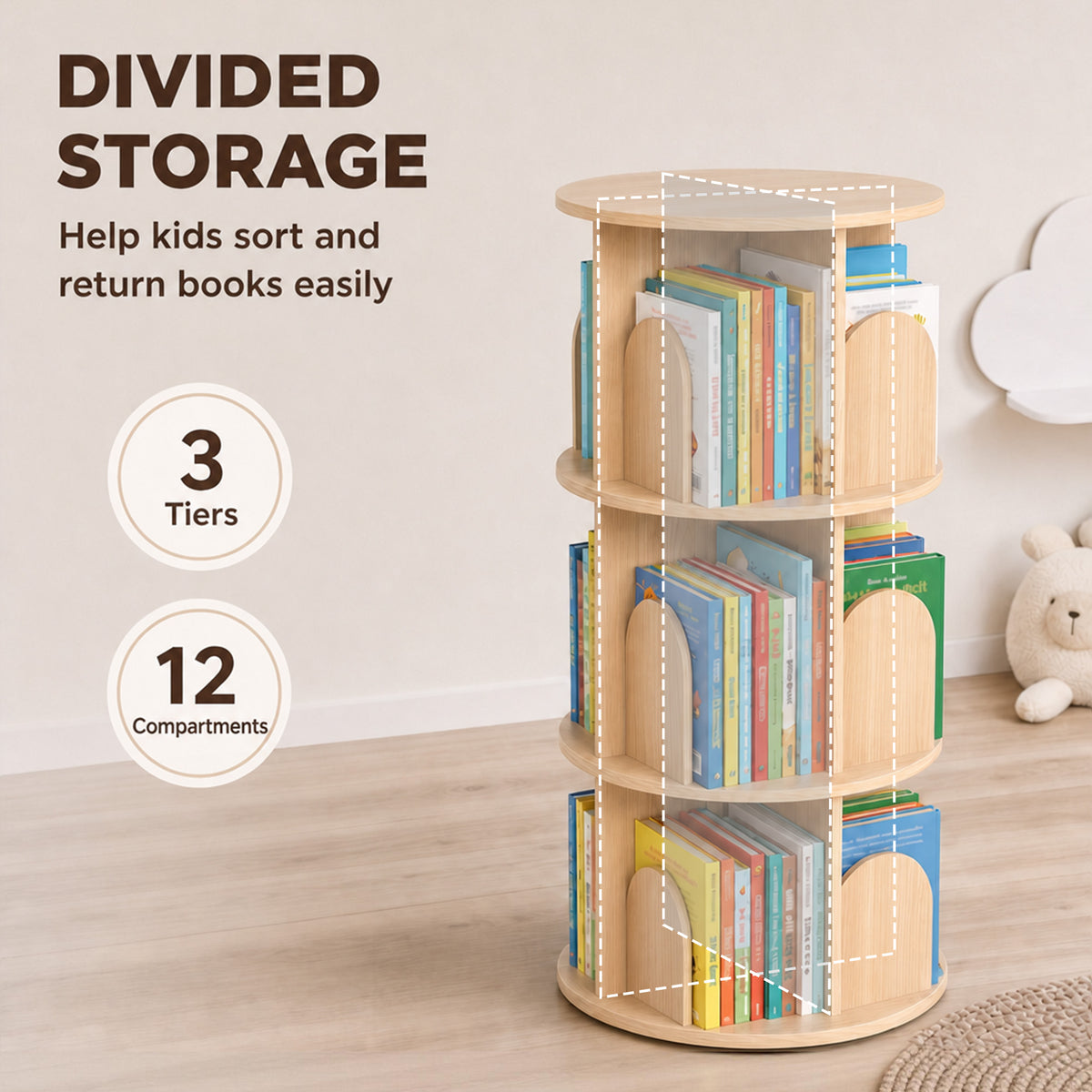 3-tier rotating kids bookshelf with round divided storage slots, light natural wood