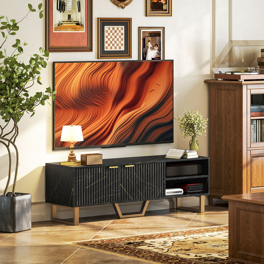 HOMCOM Marble Effect TV Unit For Up To 70 Inch TVs Black With Fluted Doors Shelves Storage Cupboard And Cable Management