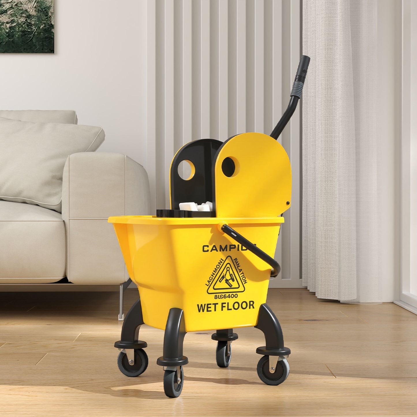 HOMCOM 26 Litre Mop Bucket With Wringer And Mop Yellow For Efficient Floor Cleaning