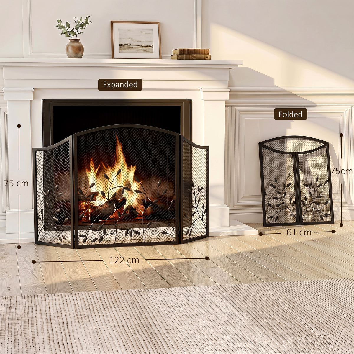 3-panel foldable fireplace spark guard screen, expanded and folded metal mesh panels
