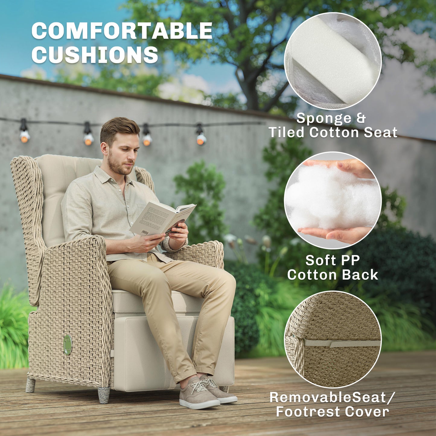 Outsunny Rattan Garden Recliner Chair With Adjustable Back And Footrest Flip Table And Cushion Brown