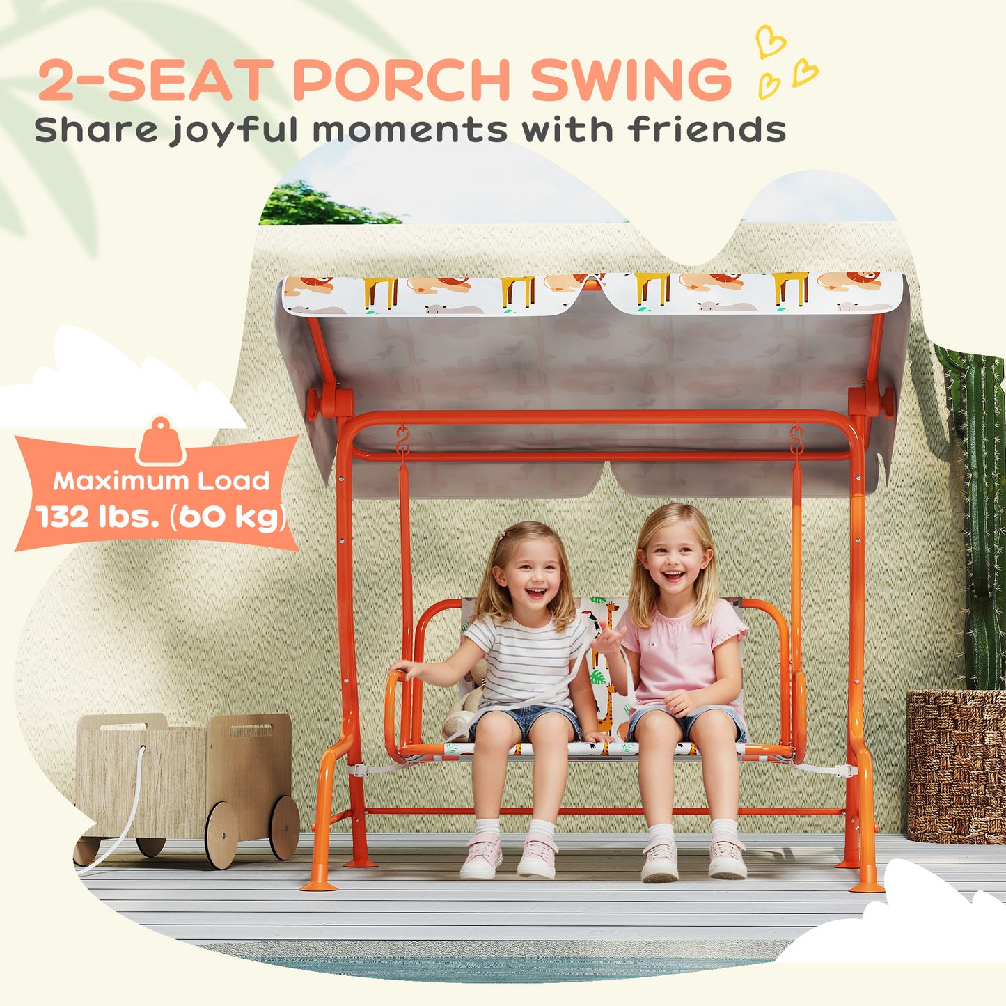 AIYAPLAY 2 Seater Kids Porch Swing With Adjustable Canopy And Seat Belts Outdoor Patio Bench Hammock Orange