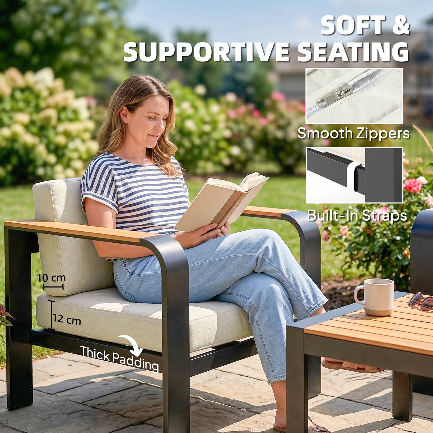 Outsunny 3 Pieces Garden Furniture Set With L-Shaped Sofa, Armchair And Coffee Table Aluminium Outdoor Corner Sofa Set