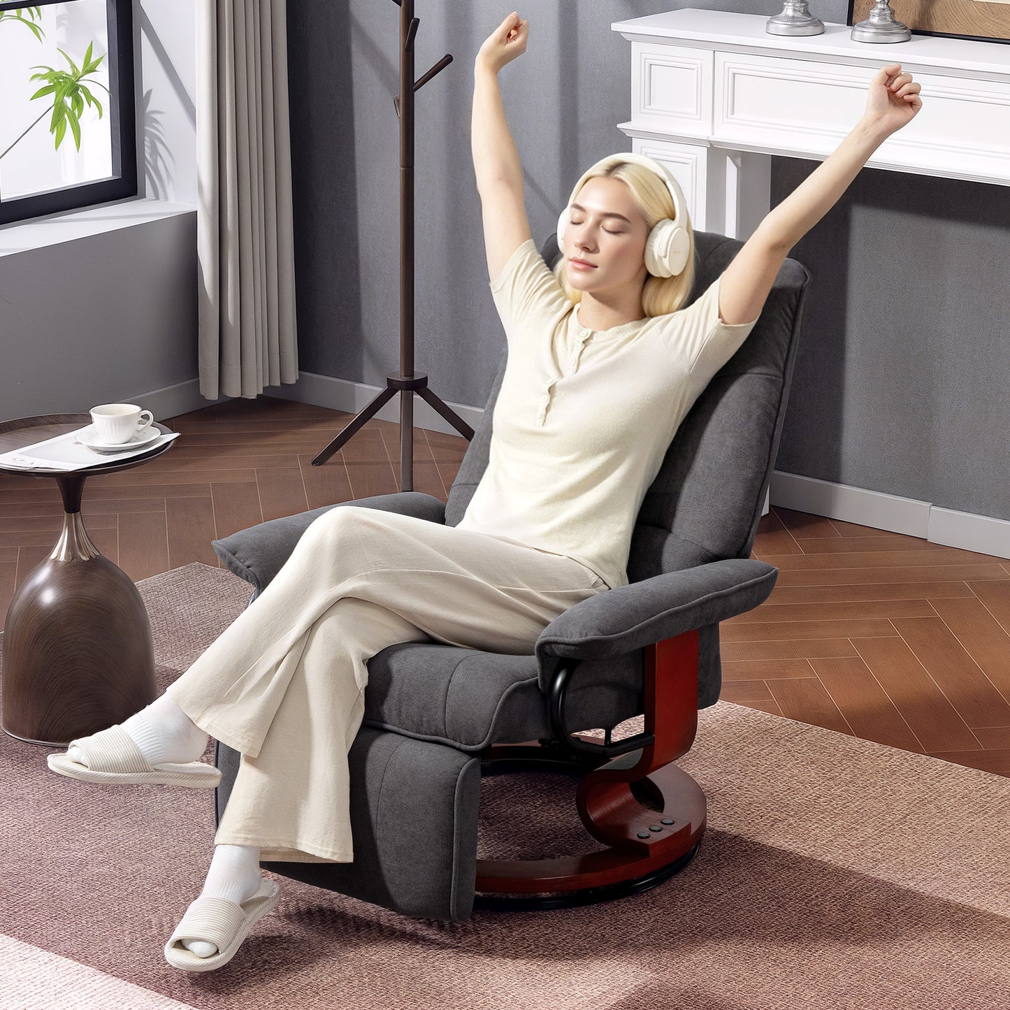HOMCOM Reclining Swivel Chair With Manual Footrest In Grey Upholstered Armchair For Living Room And Home Office Comfort