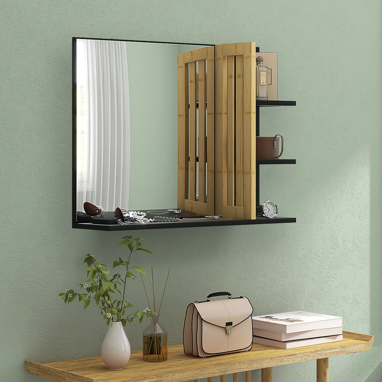 HOMCOM Bamboo Panel Bathroom Mirror With Four Shelves And Large Reflective Surface For Makeup And Toiletries Storage