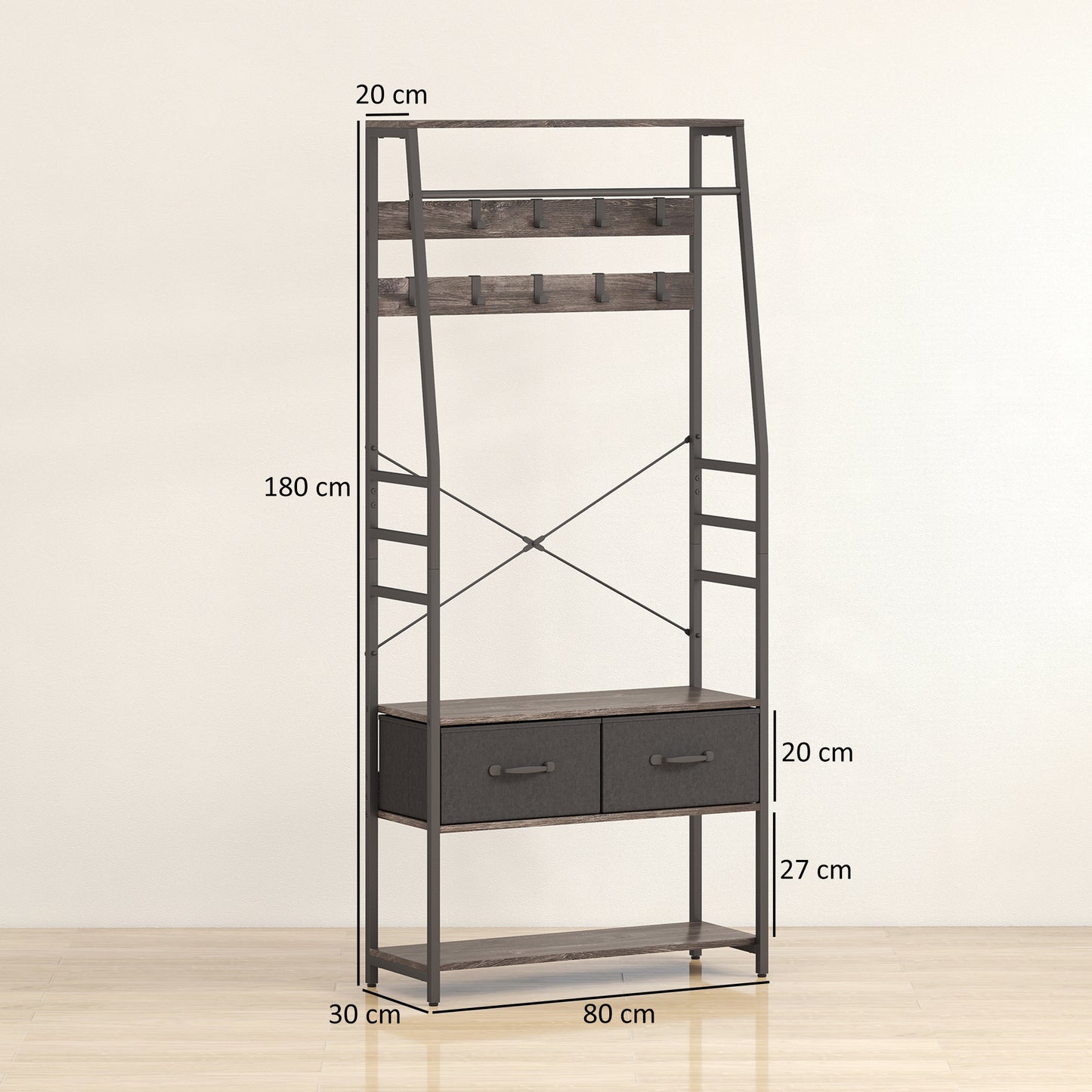 HOMCOM Hall Tree Coat Rack With Shoe Storage And Bench Industrial Organizer 10 Removable Hooks 2 Fabric Drawers Grey