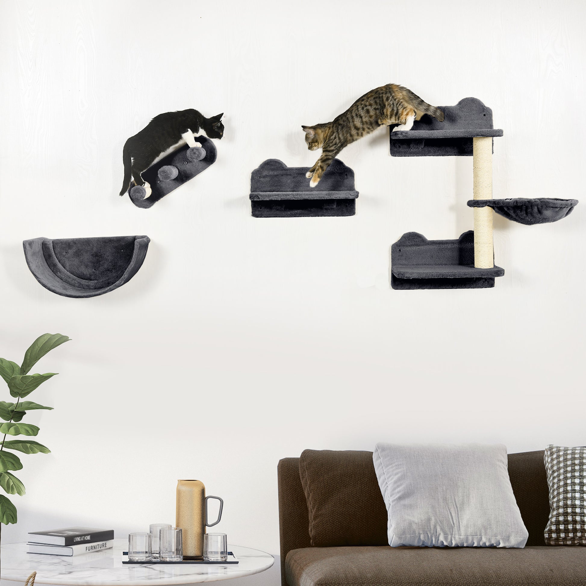 PawHut Wall-Mounted Cat Climbing Shelves Set with Hammock, Nest, and Scratching Post - Dark Grey - ALL4U RETAILER LTD