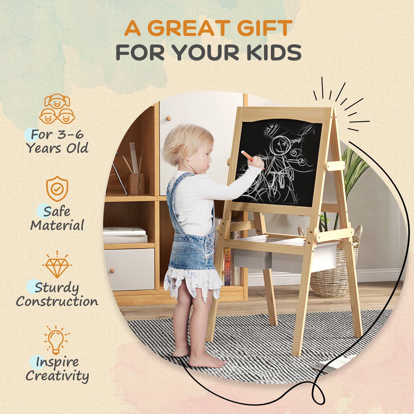 AIYAPLAY 3-in-1 Kids Art Easel with Paper Roll, Double-Sided Whiteboard and Blackboard for Toddlers, Includes Storage Baskets, Ages 3-6 - ALL4U RETAILER LTD