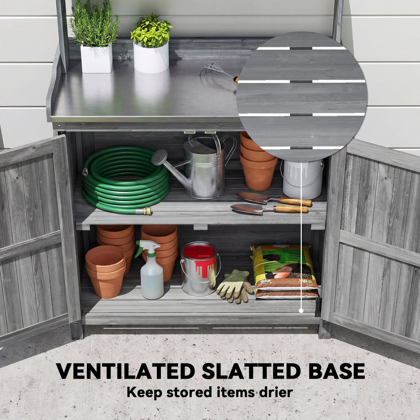 Outsunny Wooden Potting Bench Table With Aluminium Worktop Outdoor Garden Workbench Top Shelf And Cabinet Storage