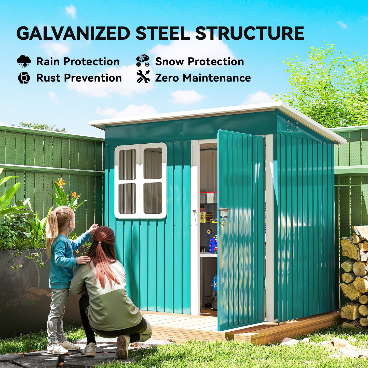 Outsunny 7 X 4Ft Galvanised Steel Garden Shed With Lock Gloves And Foundation Kit Green