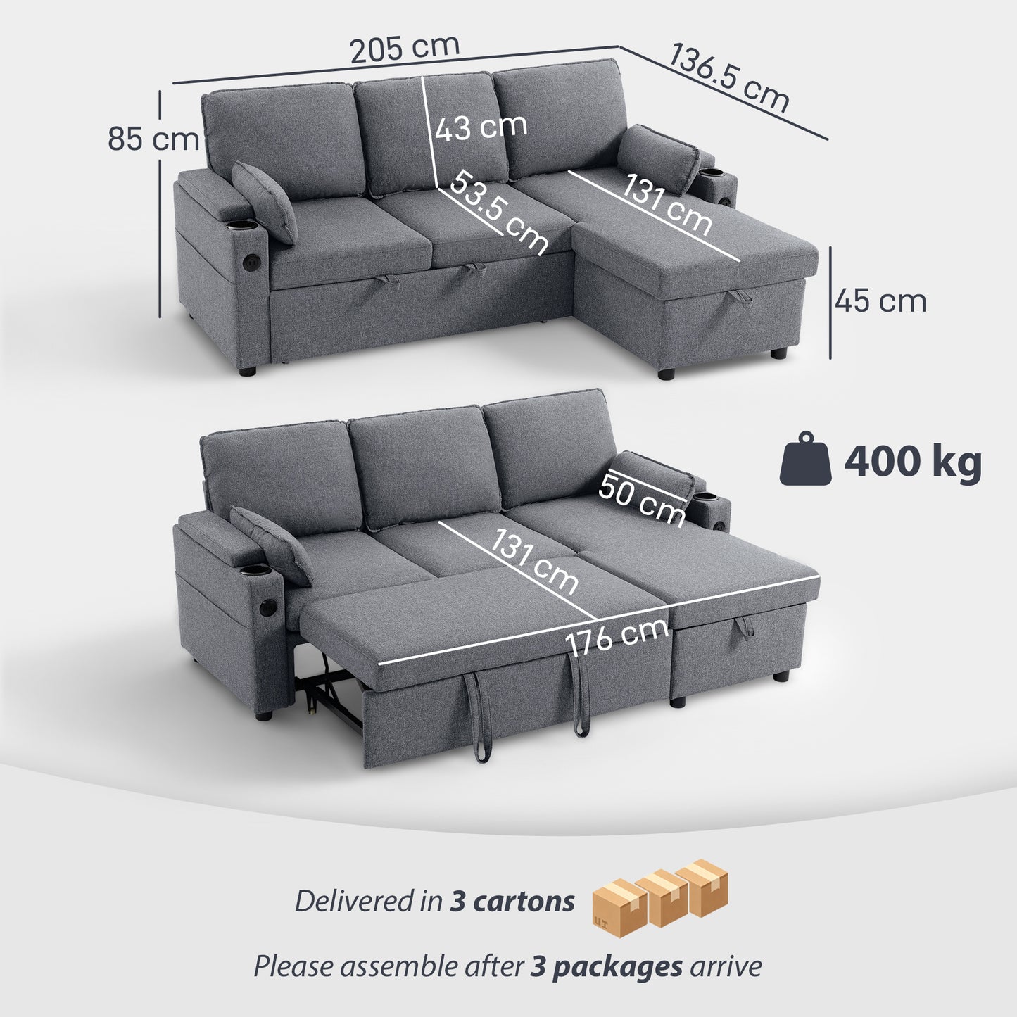 HOMCOM Corner Sofa Bed L Shaped Sleeper Sectional With Reversible Storage Chaise Pocket Springs Grey