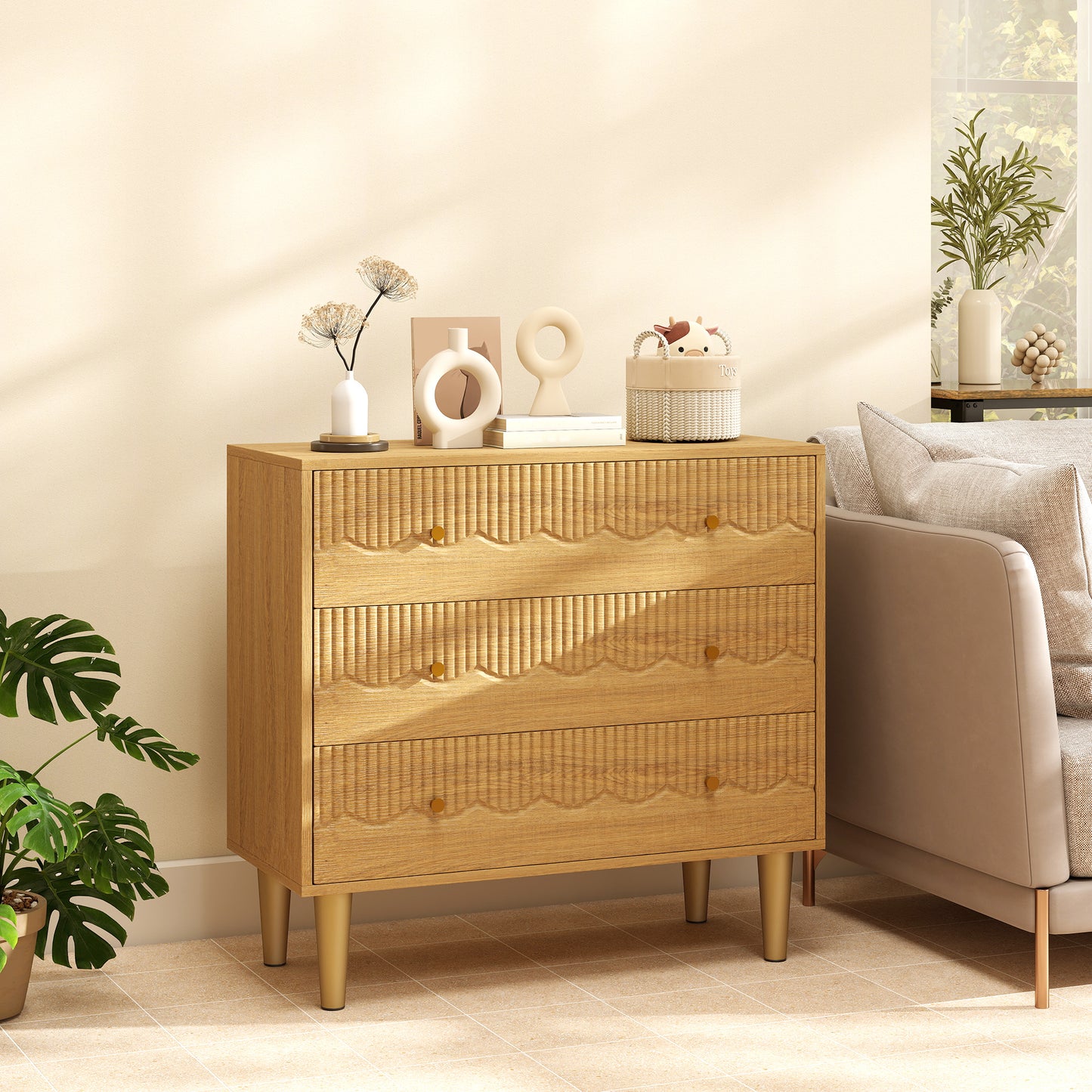 HOMCOM Dresser For Bedroom Three Drawer Chest With Steel Frame Oak Finish Perfect For Living Room Storage