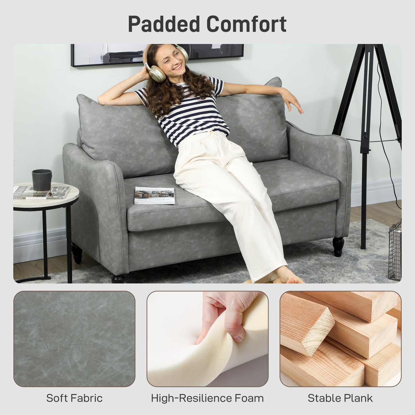 HOMCOM Faux Leather Marble Effect Two Seater Sofa Grey With Thick Padded Upholstery For Living Room And Bedroom
