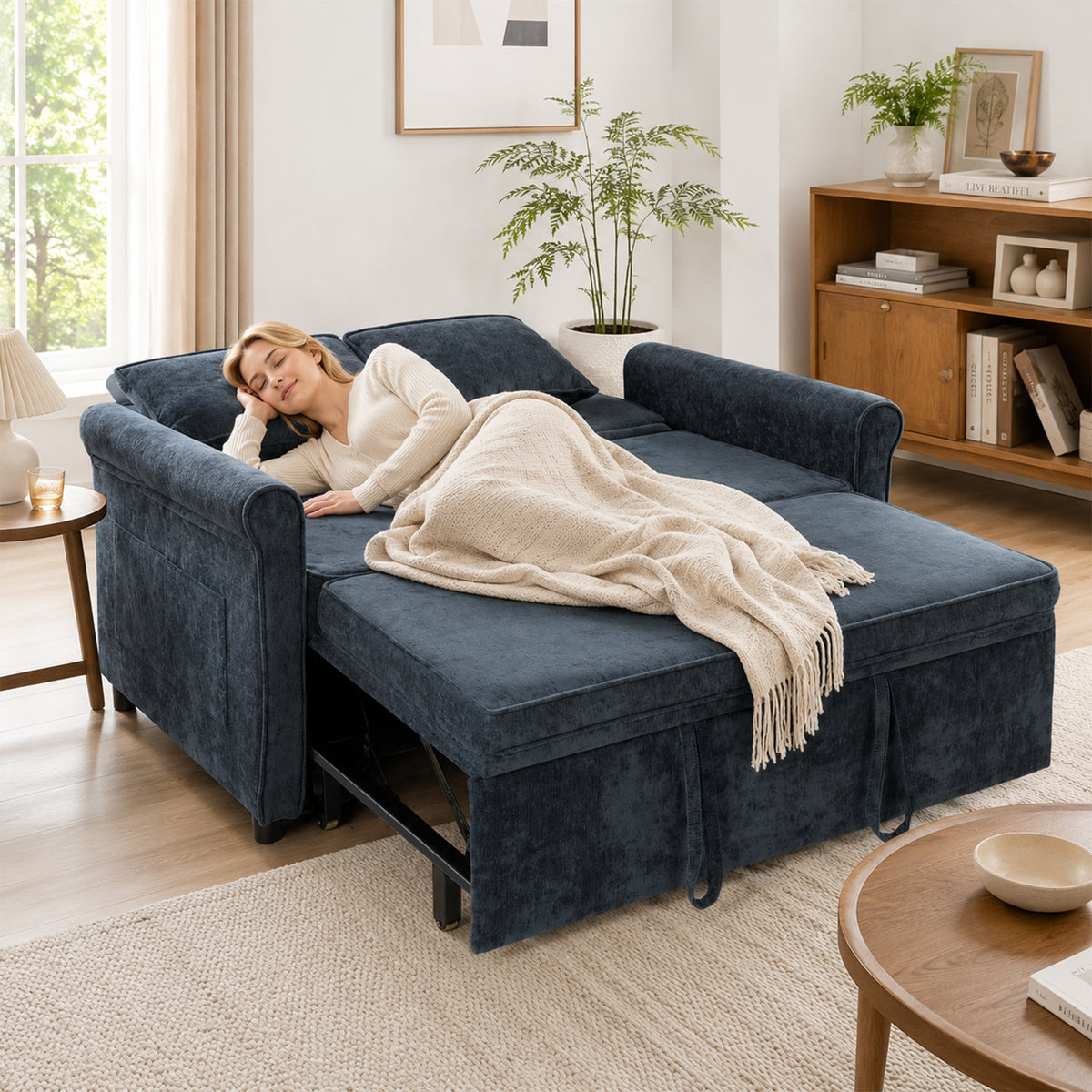 Dark blue sofa bed with pull-out sleeper fully extended and plaid throw blanket