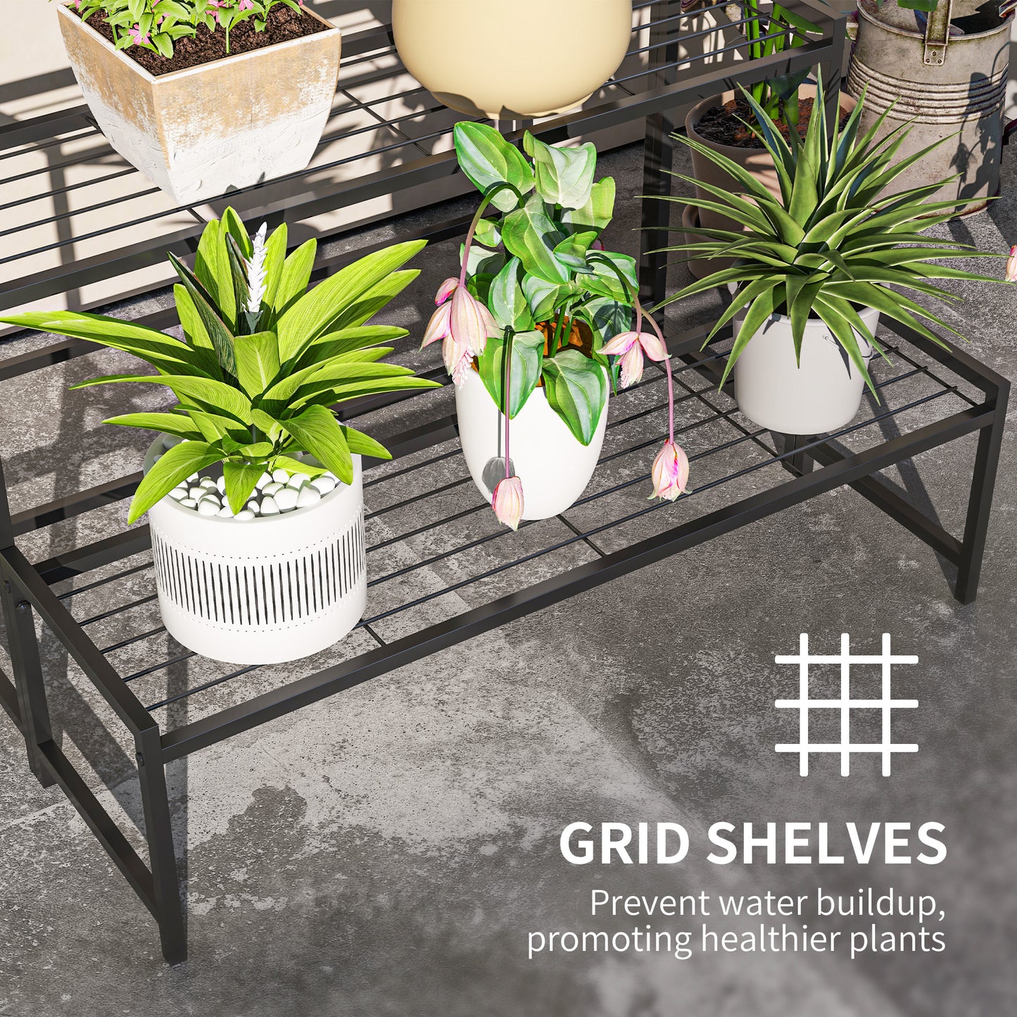 Outsunny Three Tier Metal Plant Shelf Stand Black Indoor Outdoor Garden Tiered Plant Organizer With Slatted Shelves