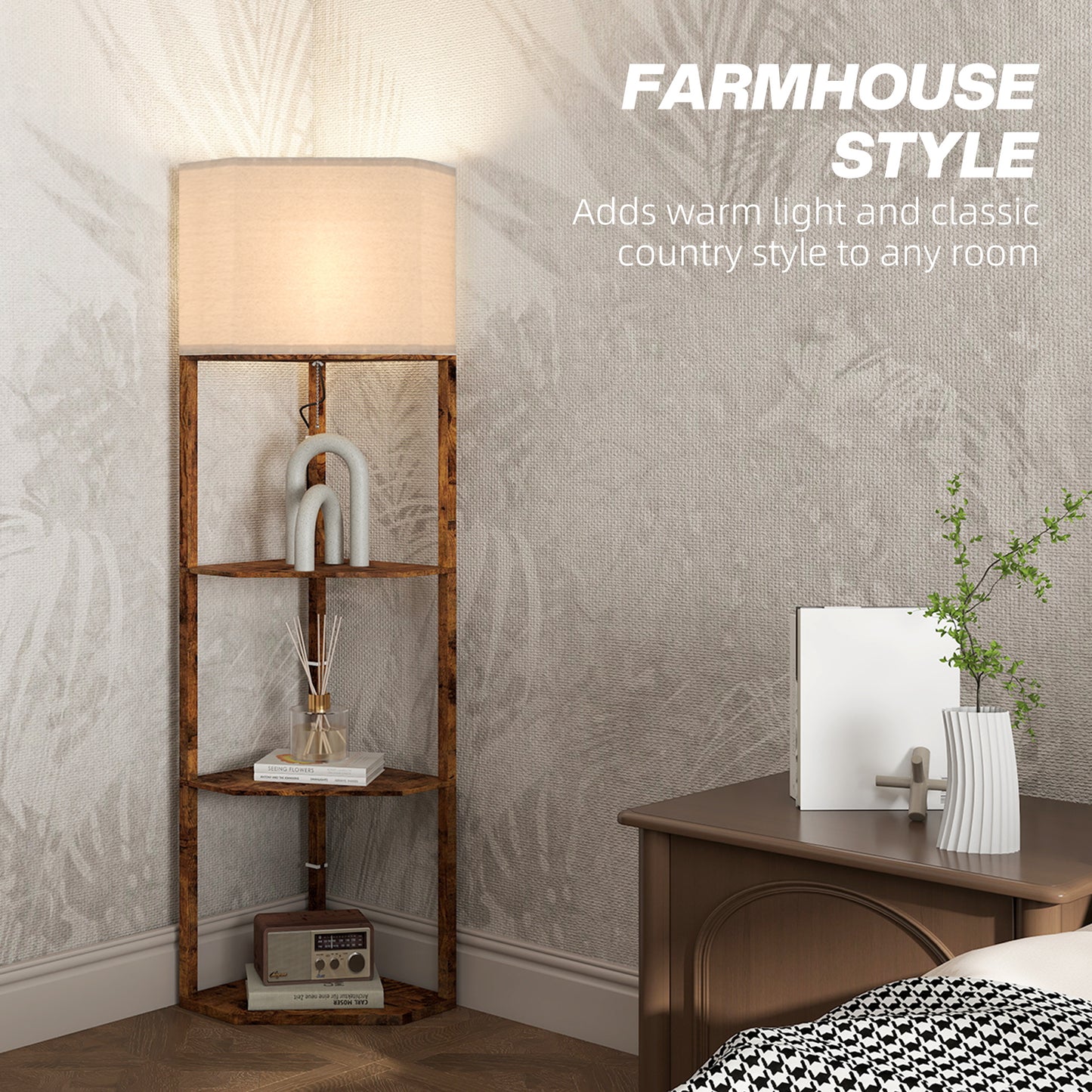 HOMCOM Corner Floor Lamp With Shelves Triangle Wood Effect Design Pull Chain Top Light Soft Fabric Shade