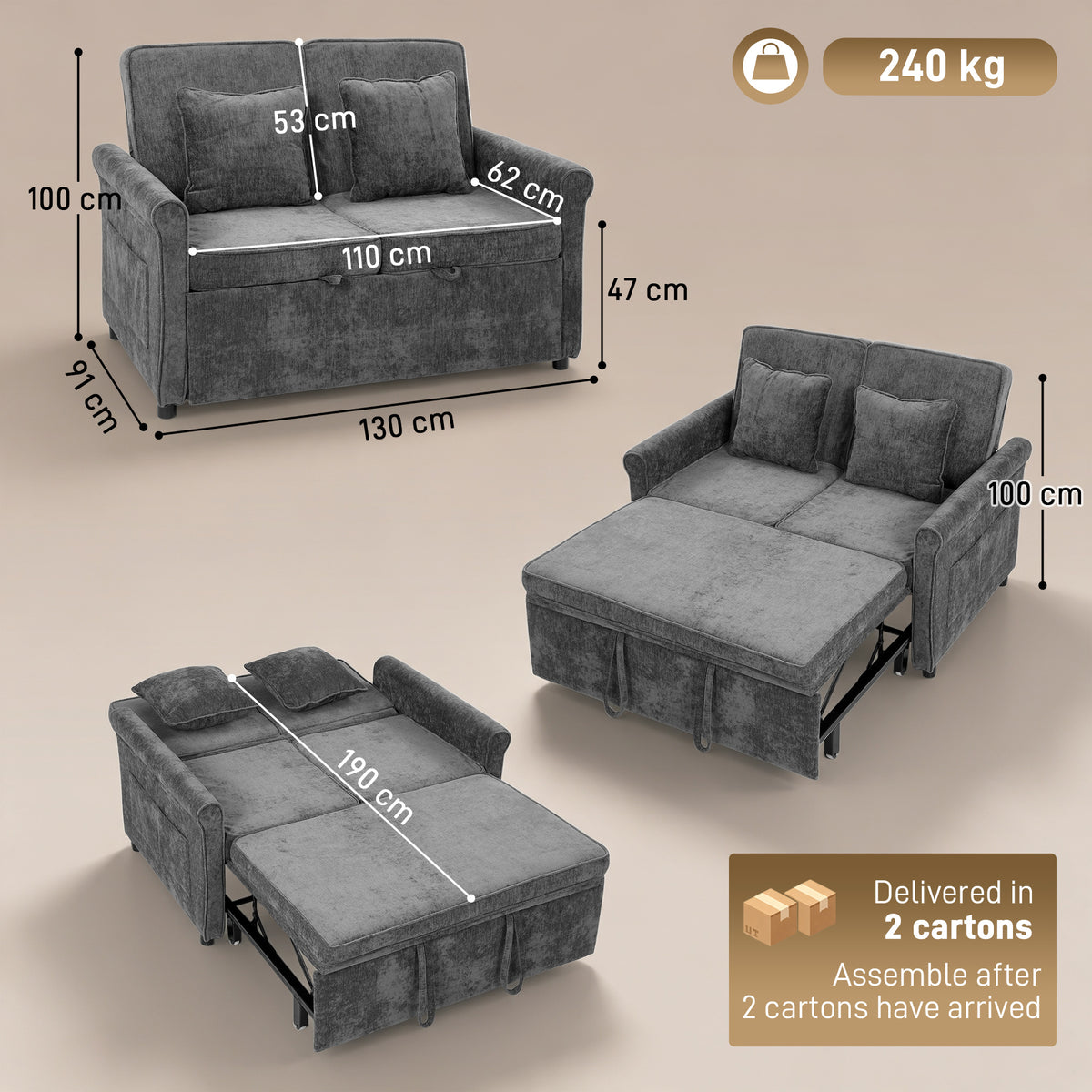 Homcom 2 Seater Sofa Bed Convertible Chenille Sleeper With Wheels Grey