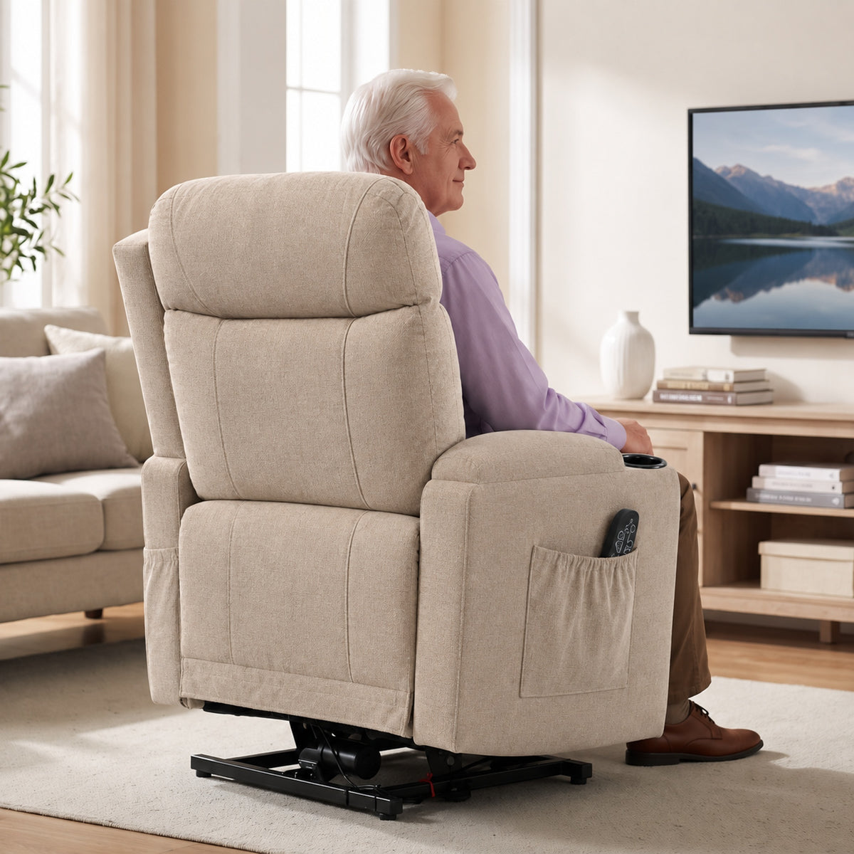 Upright electric lift recliner chair in light beige fabric with side pocket and control panel