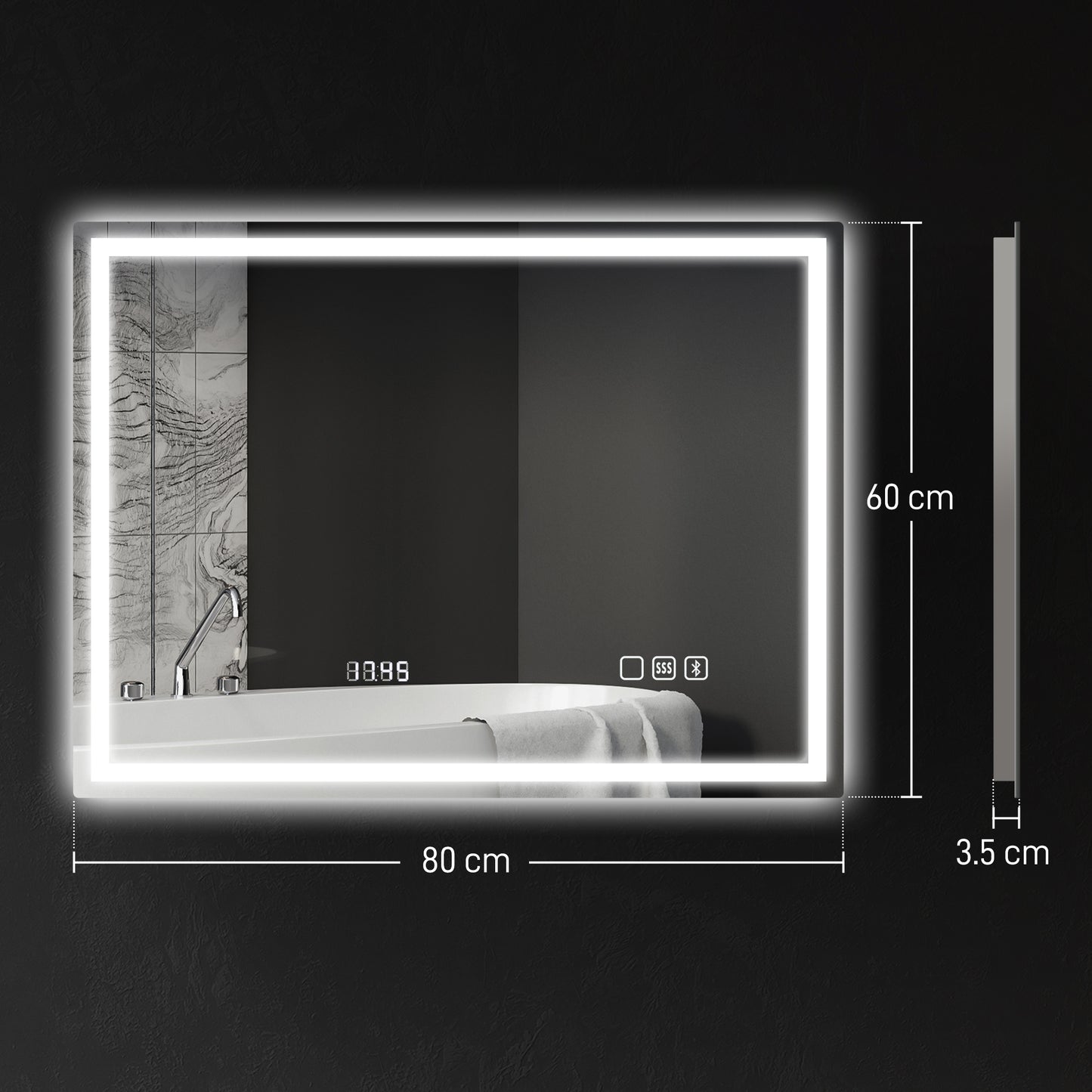 HOMCOM 60 X 80 CM Anti Fog LED Bathroom Mirror With Bluetooth Speaker And Clock Silver Tone