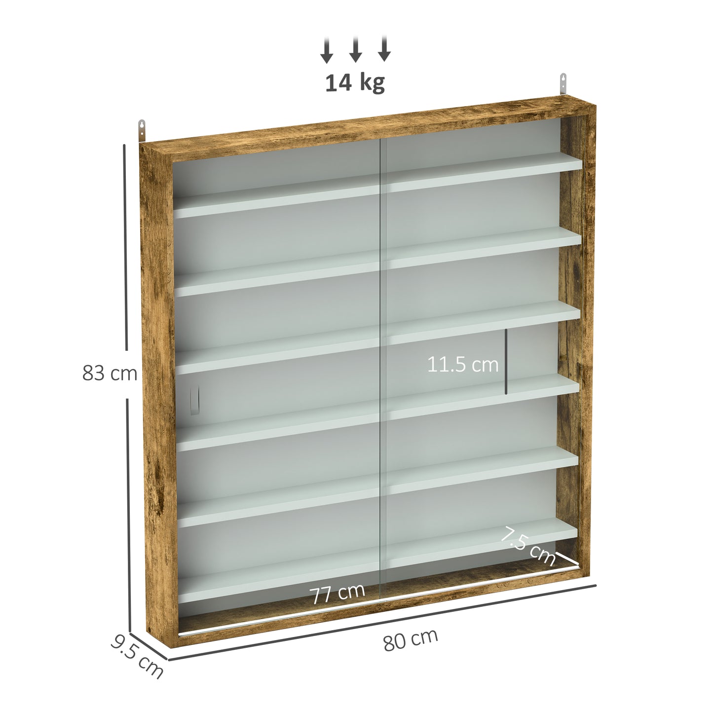 HOMCOM Six Shelf Wall Display Cabinet With Glass Doors In Brown Ideal For Display And Storage