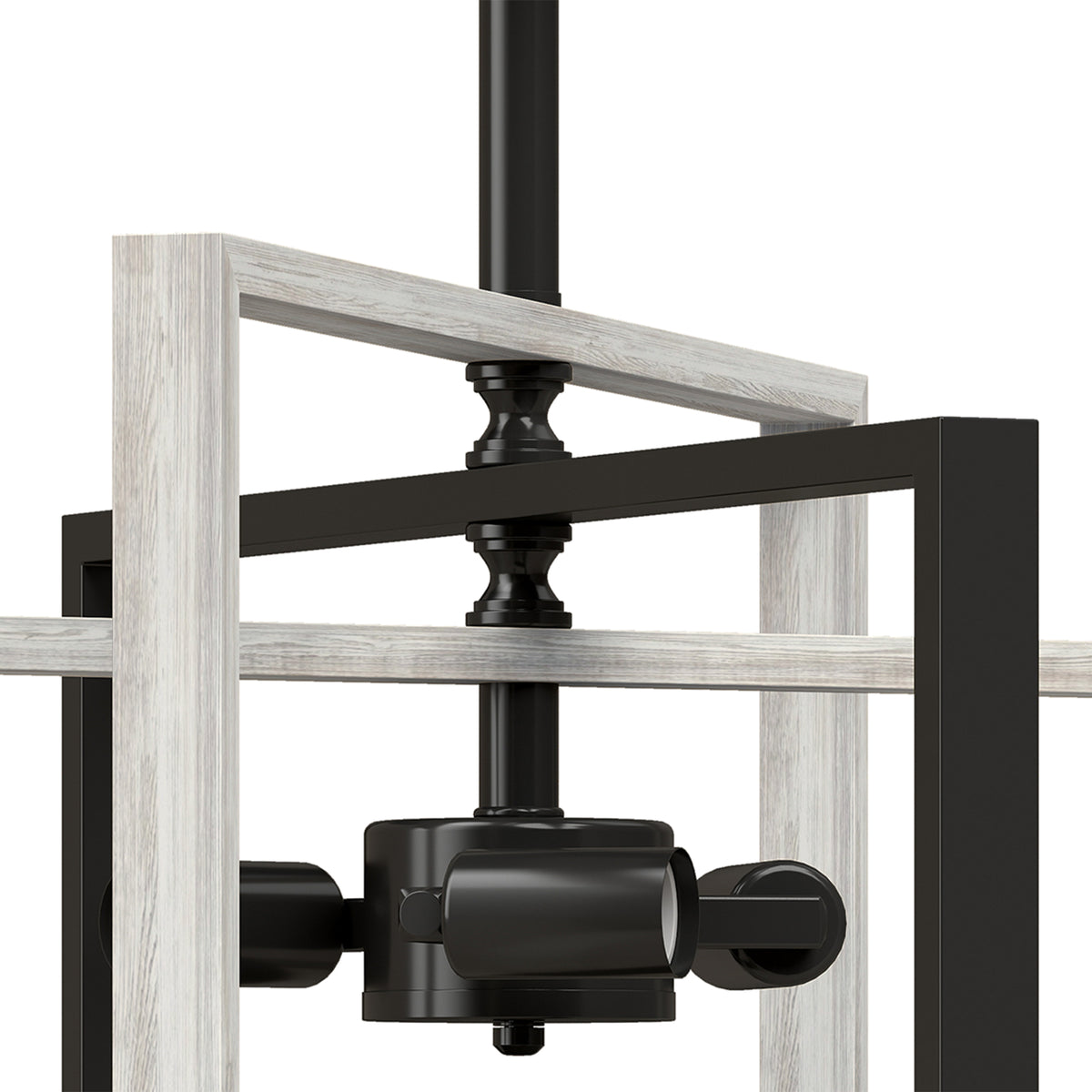 Close-up of industrial ceiling light with black central hub and pine-wood open frame