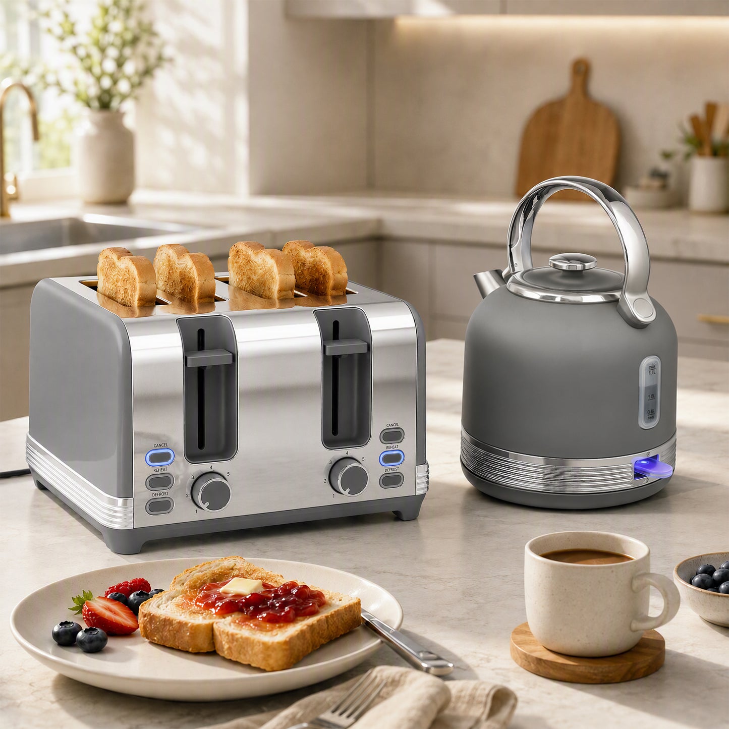 HOMCOM Grey Kettle And Toaster Set 1.7L Fast Boil 3000W 4 Slice Cordless Stainless