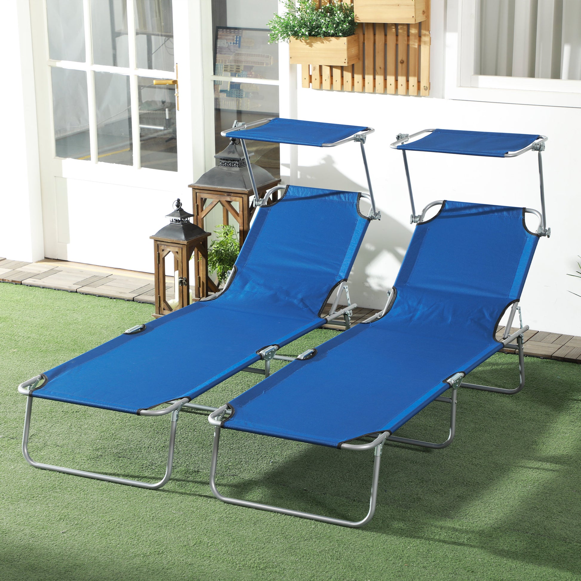 Outsunny Adjustable Foldable Sun Lounger Duo with Canopy for Outdoor Relaxation - ALL4U RETAILER LTD