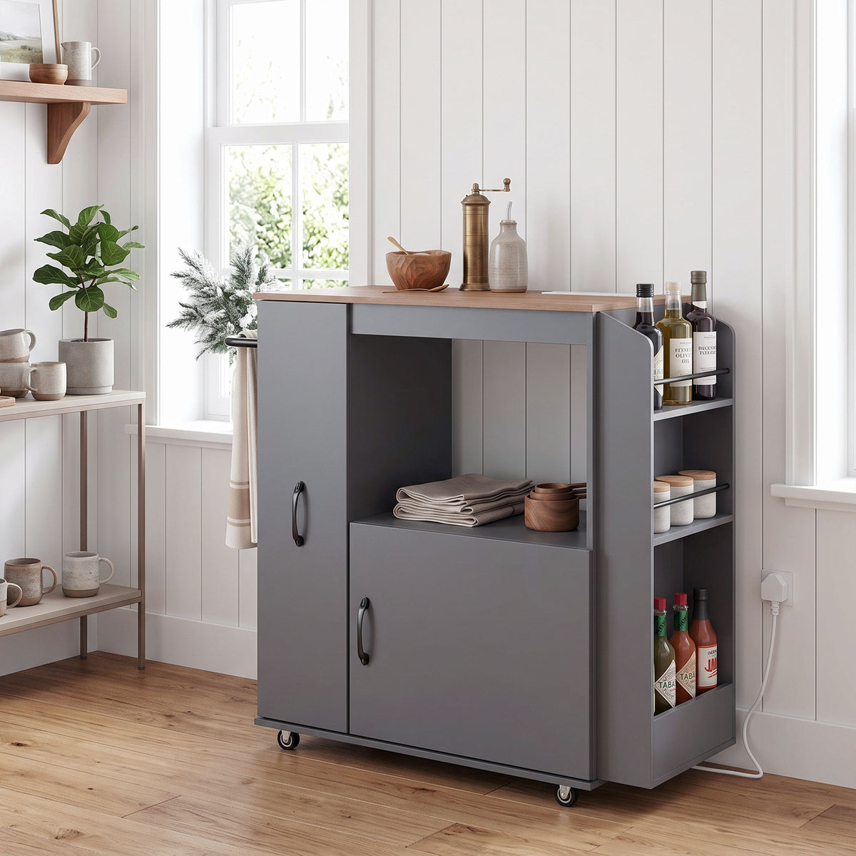 HOMCOM Grey Kitchen Trolley Cart With Power Outlet Drawer