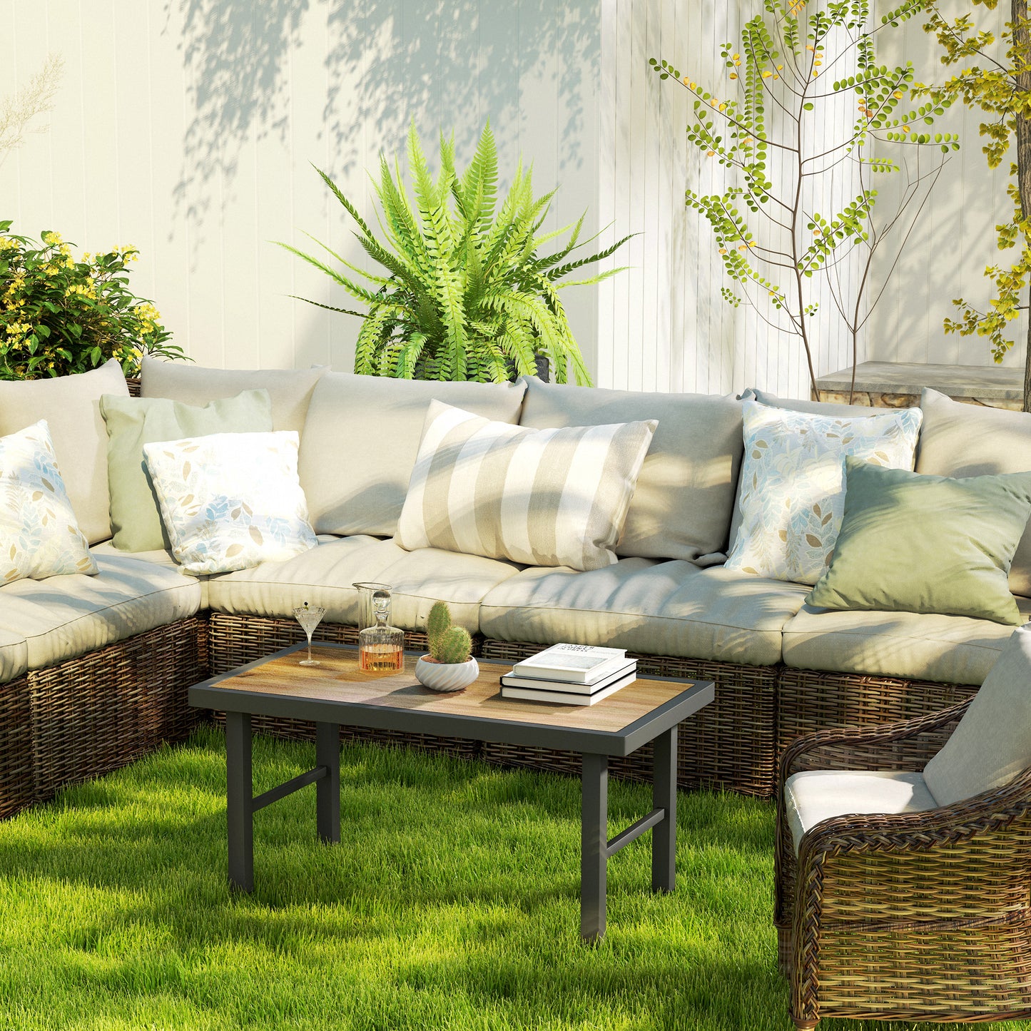 Outsunny Metal Garden Coffee Table With SPC Woodgrain Tabletop Outdoor Side Table 100 x 53 x 46 cm Brown