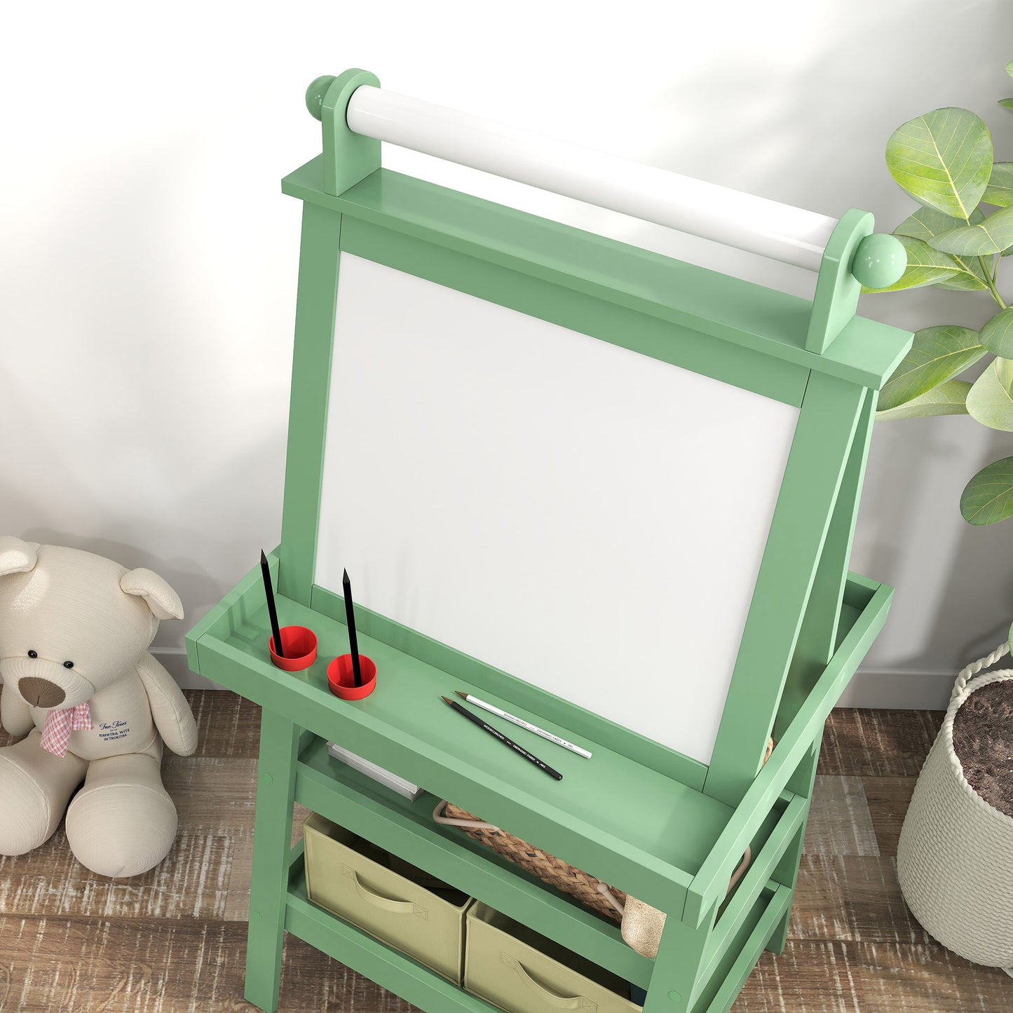 AIYAPLAY 3 In 1 Kids Easel Double Sided Magnetic Whiteboard And Chalkboard With Paper Roll Storage Baskets Green