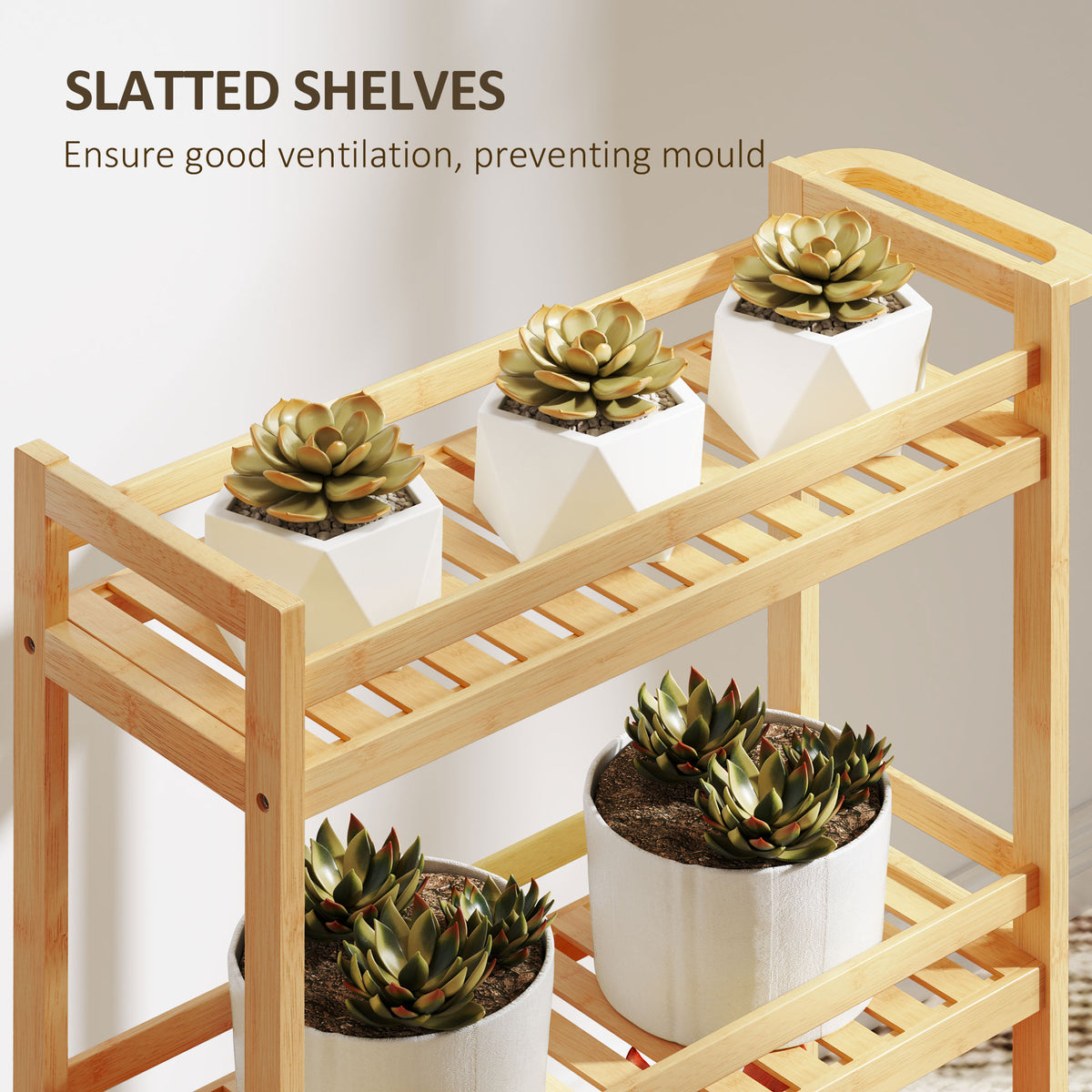 Bamboo slatted shelves storage trolley with three tiers for airflow