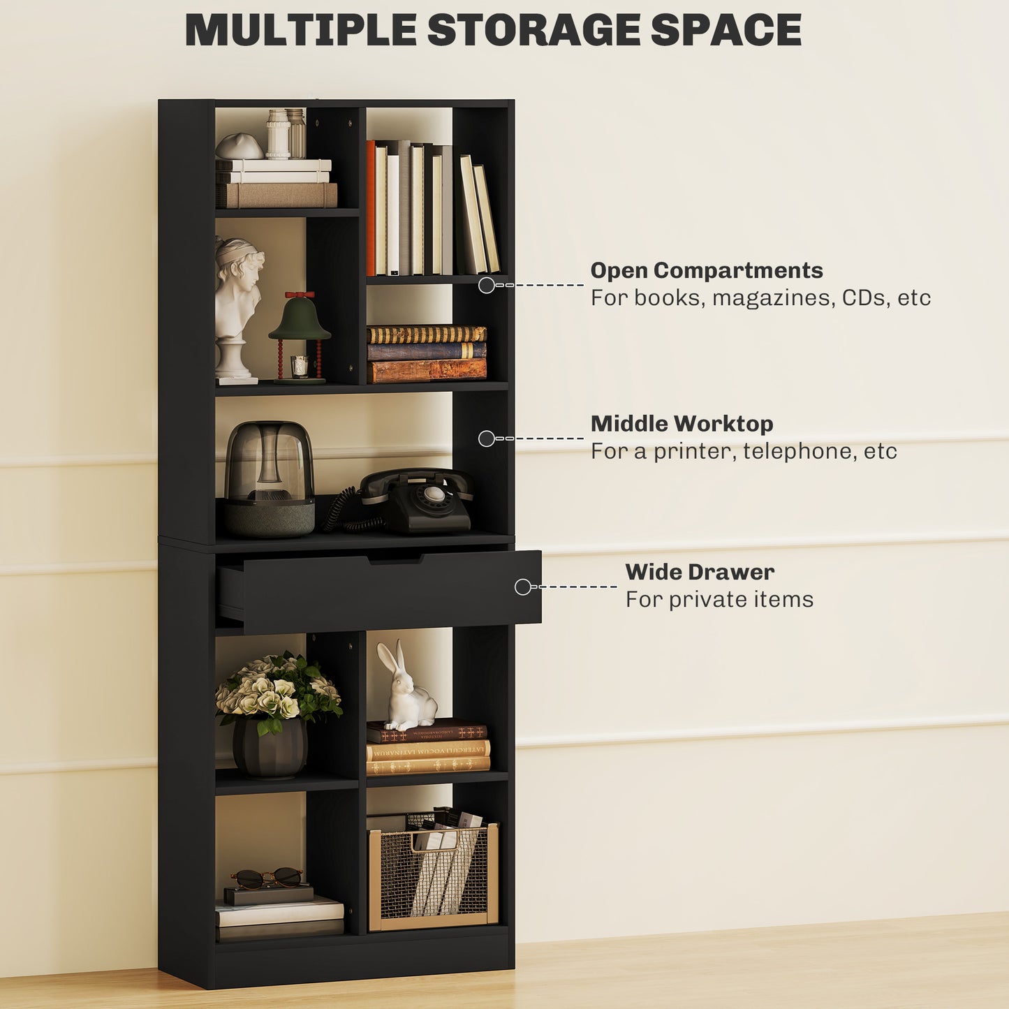 HOMCOM Tall Bookshelf With Drawer Freestanding Bookcase In Black For Bedroom Living Room And Home Office