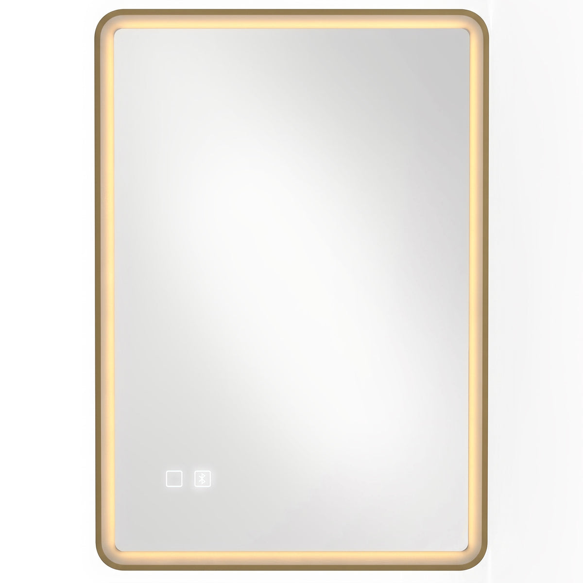 Rounded-rectangle gold LED bathroom mirror with soft edge glow and touch icons