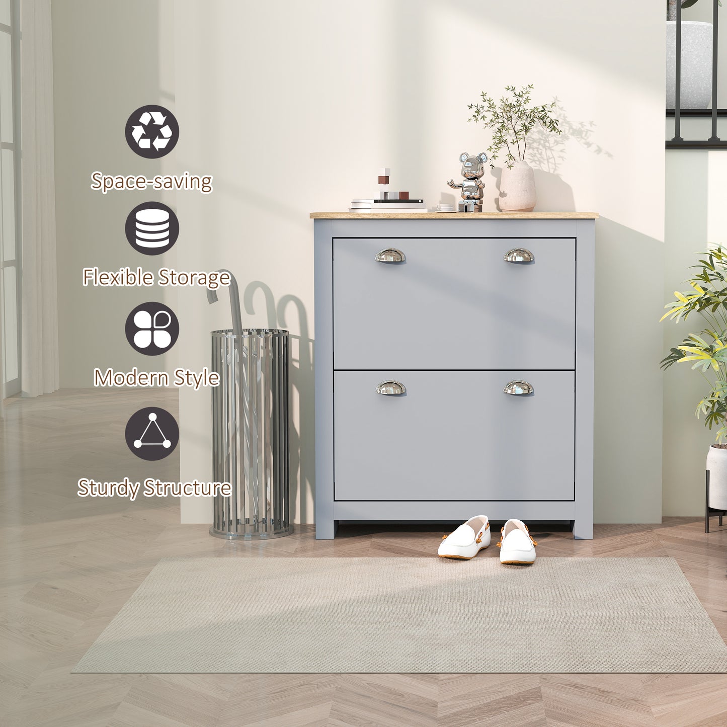 HOMCOM 2 Drawer Shoe Cabinet Narrow Modern Hallway Shoe Storage Cupboard With Flip Doors And Adjustable Shelves Grey