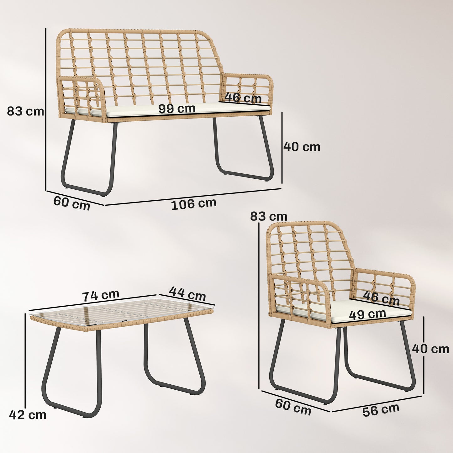 Outsunny 4 Piece Rattan Garden Set Outdoor Patio Furniture With Loveseat Armchairs And Coffee Table