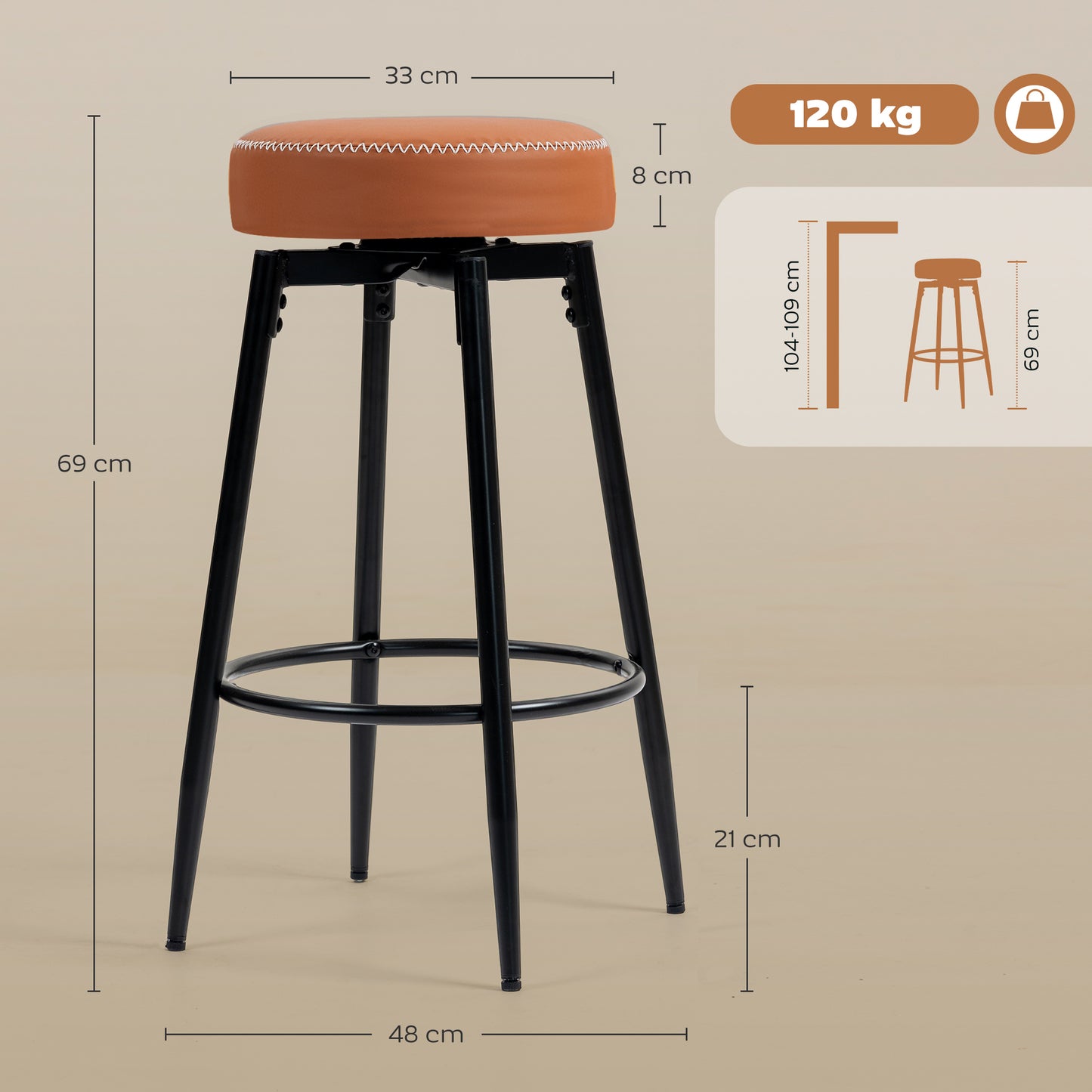 HOMCOM Set of Two Faux Leather Bar Stools Brown and Black Cushioned Seats with White Edge Stitching