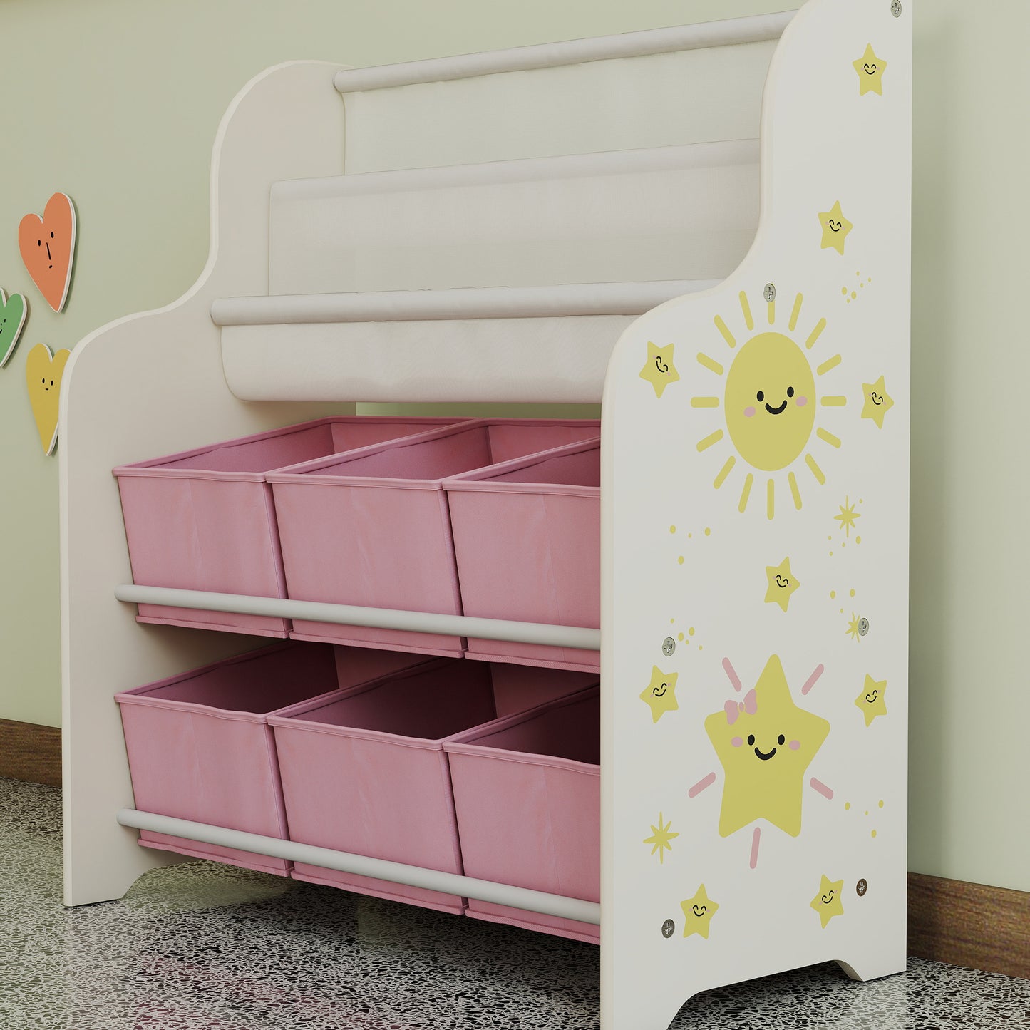 AIYAPLAY Kids Storage Unit Toy Organizer With Six Fabric Drawers And Two Tier Sling Book Rack Pink