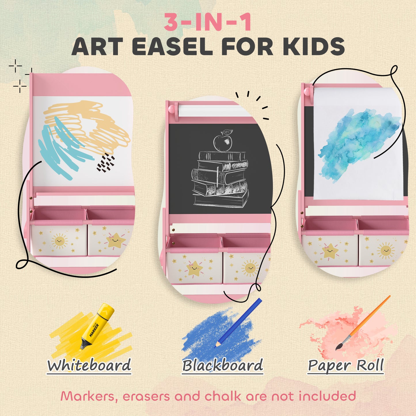 AIYAPLAY Art Easel For Kids Double Sided Whiteboard And Blackboard With Paper Roll For Ages 3 To 8 Years Pink