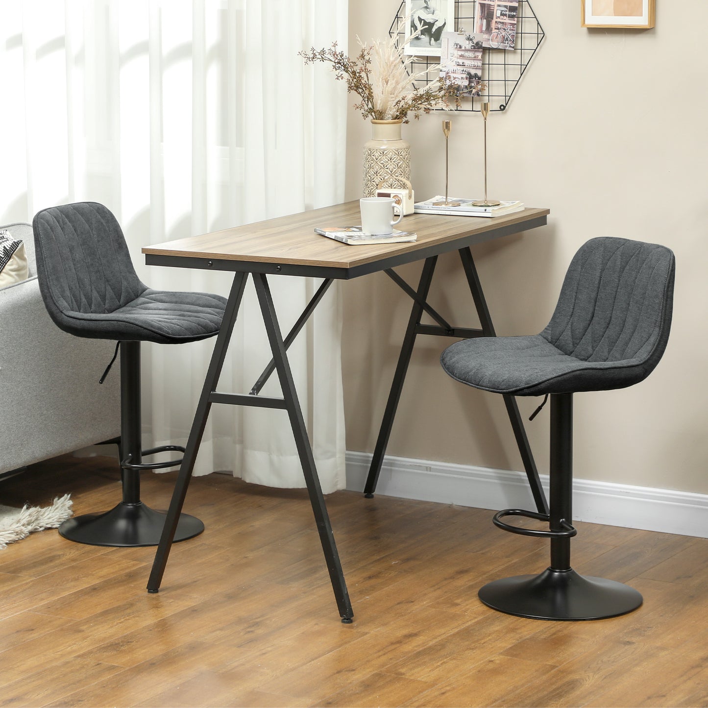 HOMCOM Set Of Two Linen Look Bar Stools Charcoal Grey Adjustable Height 60 To 80 Cm 360 Degree Swivel Padded Seats