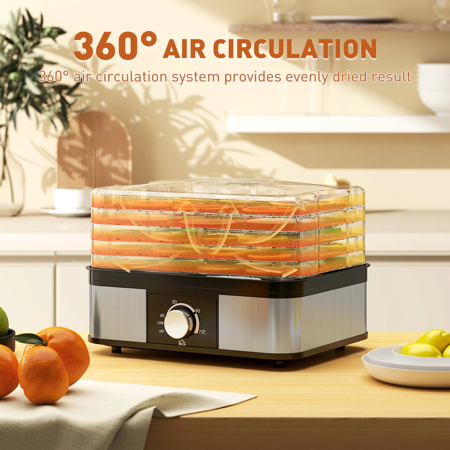 HOMCOM 5 Tier Food Dehydrator 245W Dryer With Adjustable Temperature 40 To 70 C For Fruit Meat Veg Jerky Black