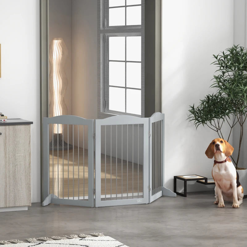 PawHut Foldable Dog Gate | Freestanding Pet Gate with Two Support Feet | Ideal for Staircases, Hallways, and Doorways | Grey - ALL4U RETAILER LTD