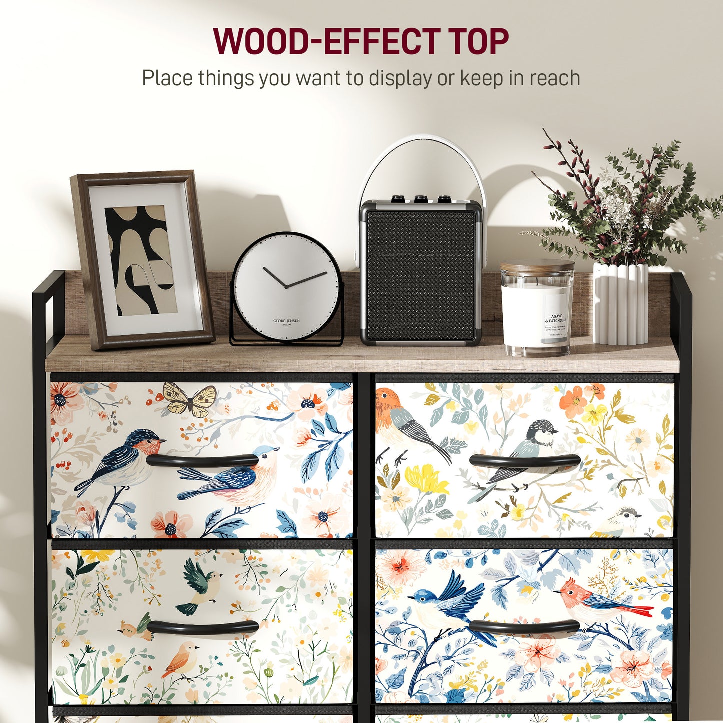 HOMCOM Eight Drawer Fabric Chest Of Drawers White With Removable Foldable Drawers And Patterned Panels