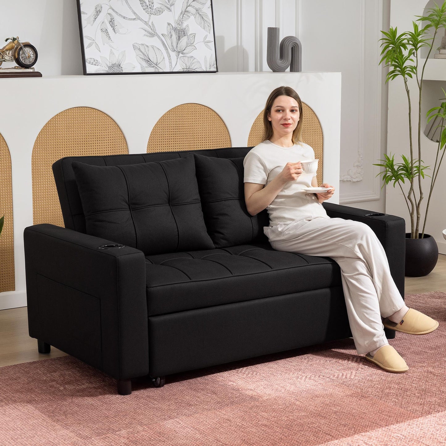 HOMCOM Two Seater Pull Out Sofa Bed In Black With 157 X 190 Cm Bed Size And High Density Foam Cushioned Comfort