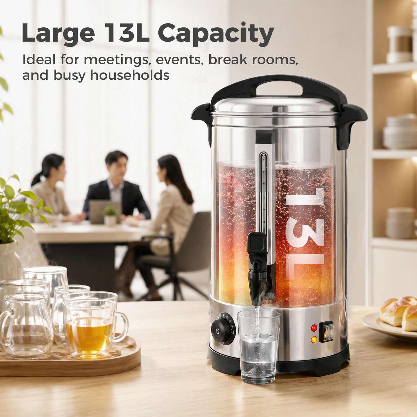 HOMCOM 13L Catering Urn 2500W Stainless Steel Hot Water Boiler With Thermostat Keep Warm Function And Easy Pour Tap