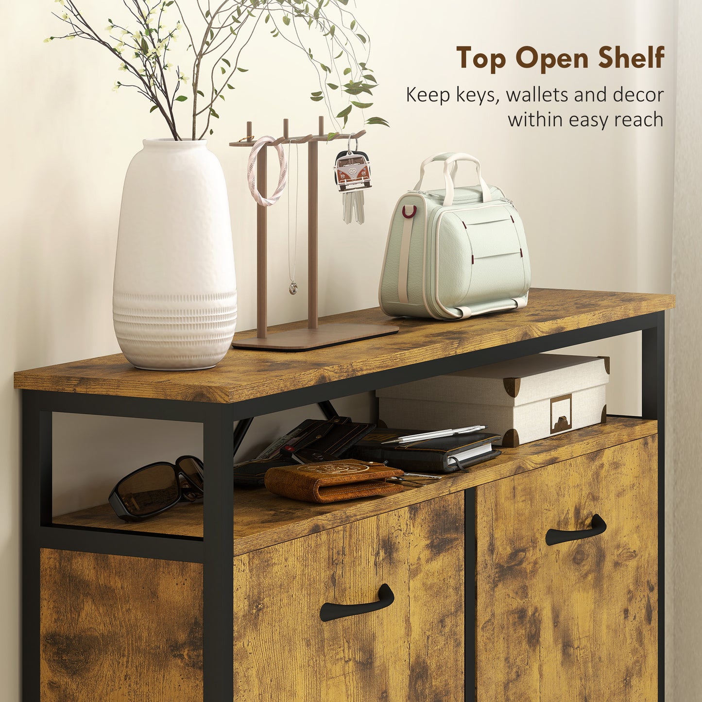 HOMCOM Rustic Brown Shoe Storage Cabinet With 4 Flip Drawers And Open Shelf Industrial Style