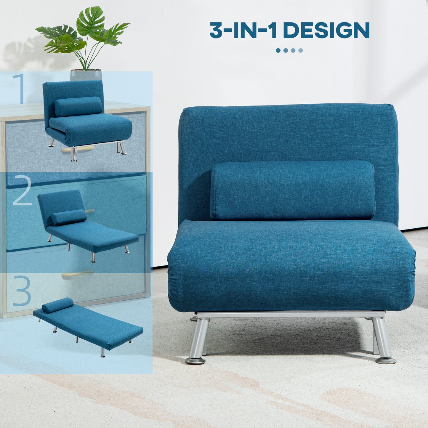 Homcom Linen Look Sleeper Chair Blue 3 In 1 Convertible Chair With 5 Level Adjustable Backrest For Space Saving