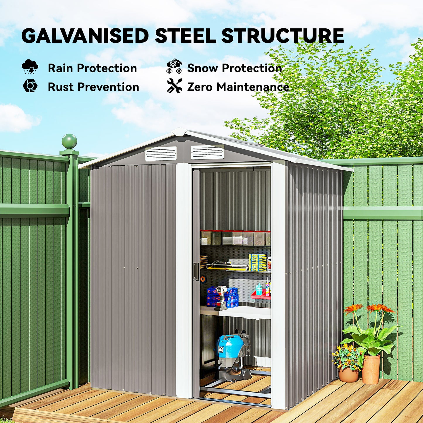 Outsunny Garden Metal Tool Storage Shed With Sliding Door Sloped Roof And Foundation Kit 152 By 132 By 188 Cm Grey