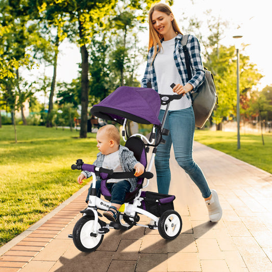 HOMCOM Transformable 4-in-1 Toddler Trike with Canopy, Push Handle, and Safety Features for Ages 1-5 - Purple - ALL4U RETAILER LTD