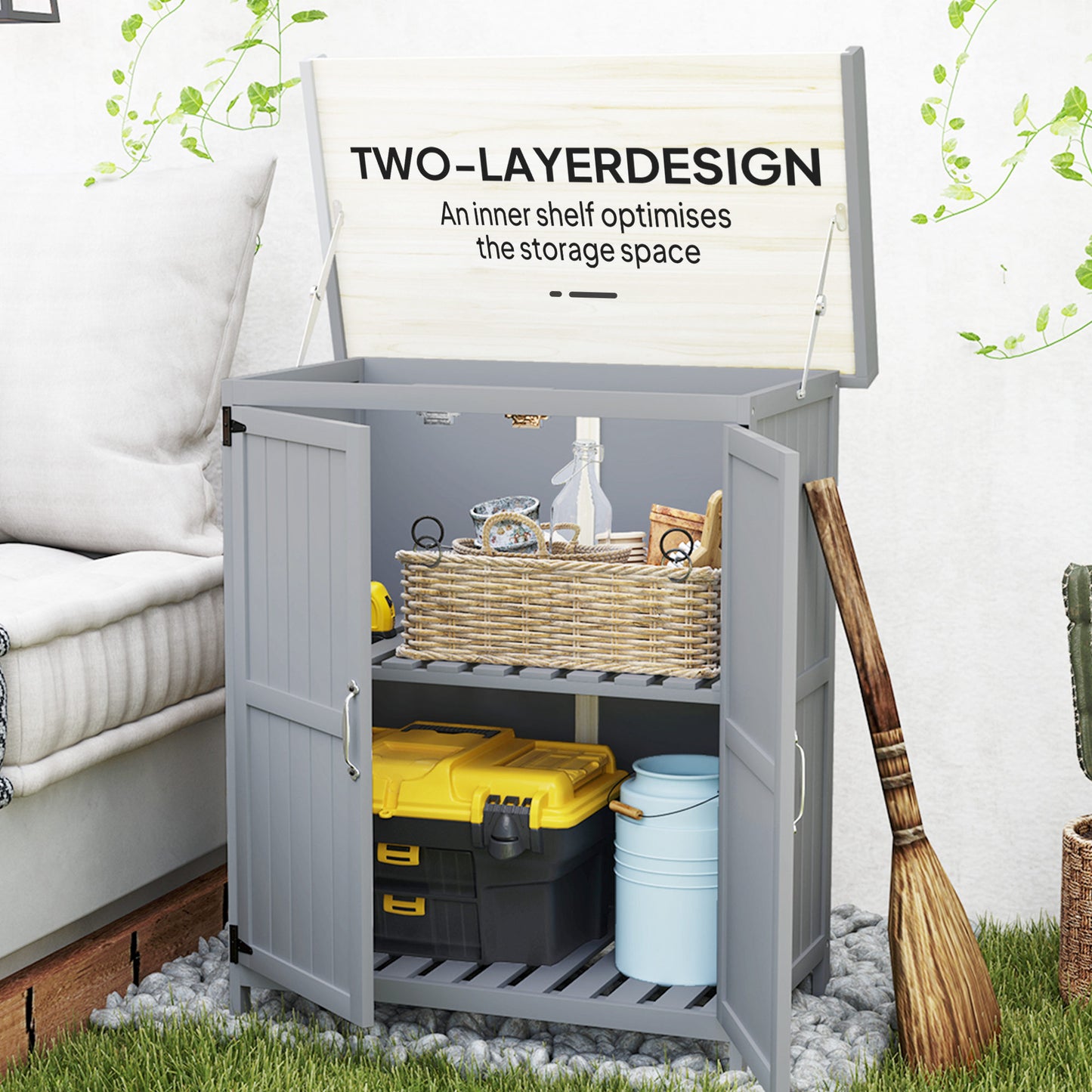 Outsunny Wooden Garden Shed With Hinged Roof And Shelf Outdoor Garden Tool Storage Cabinet With Double Doors Grey